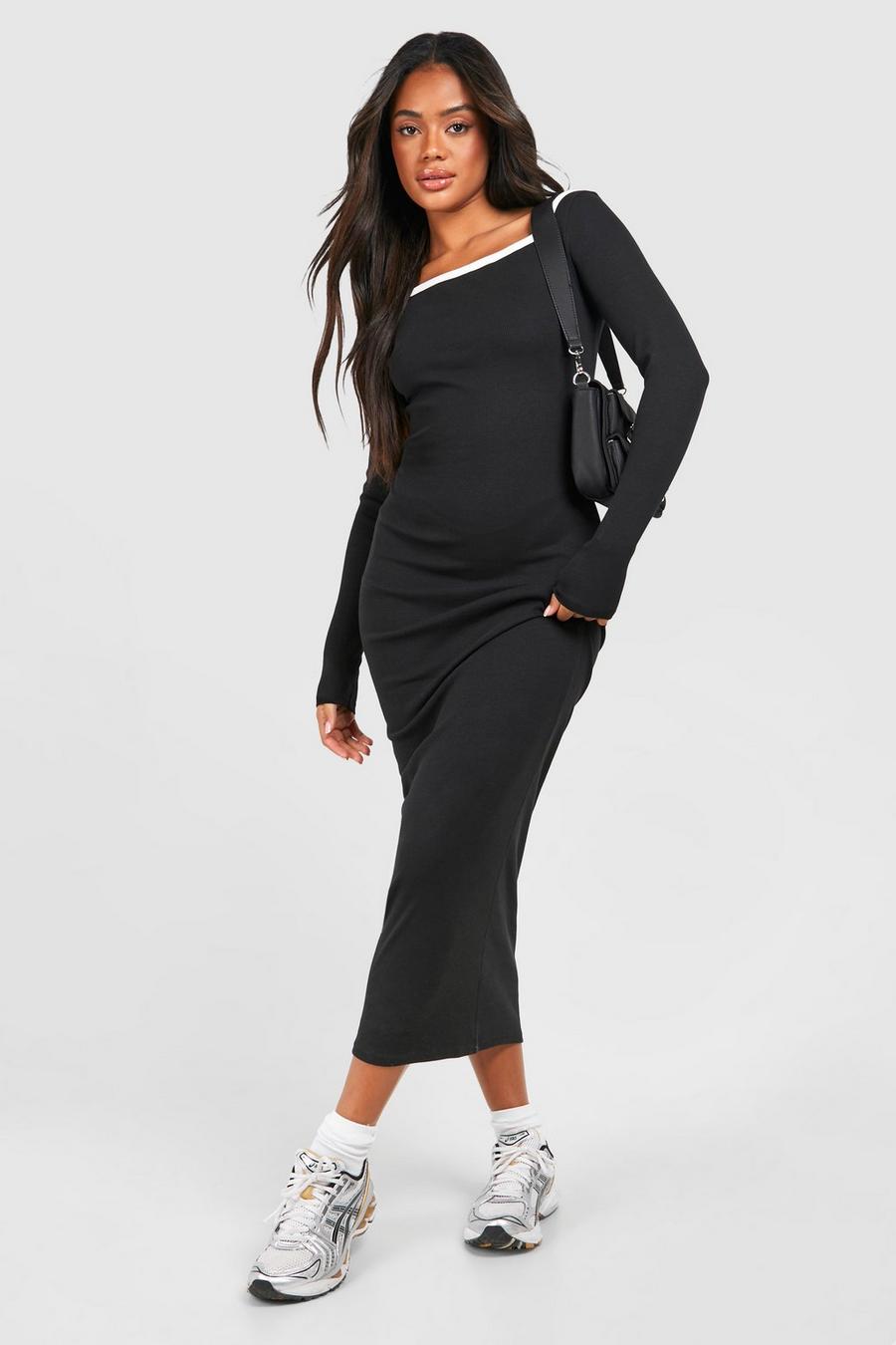 Black Premium Contrast Binding Slash Neck Midaxi Dress image number 1
