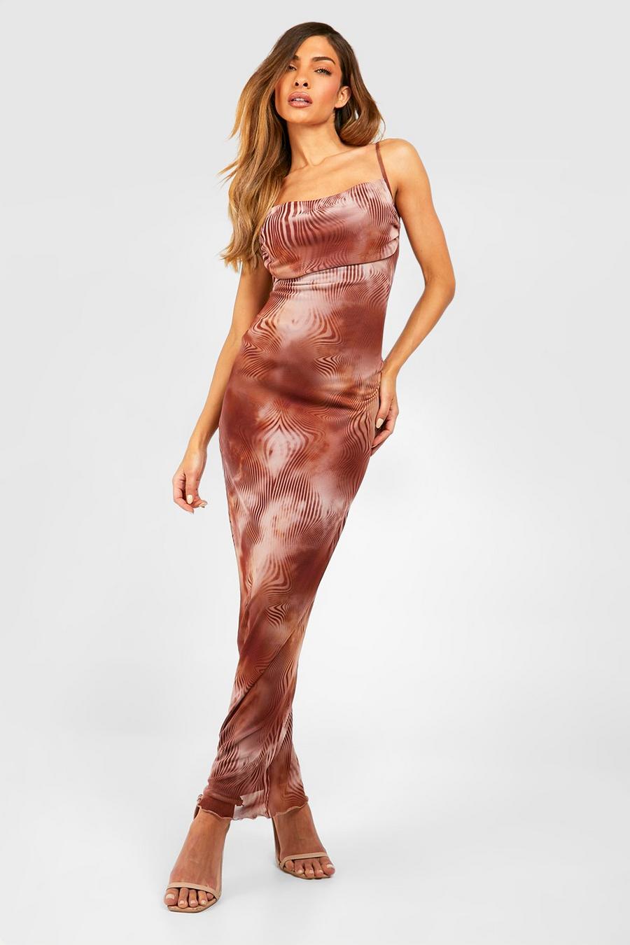 Brown Abstract Print Mesh Ruched Bust Maxi Slip Dress