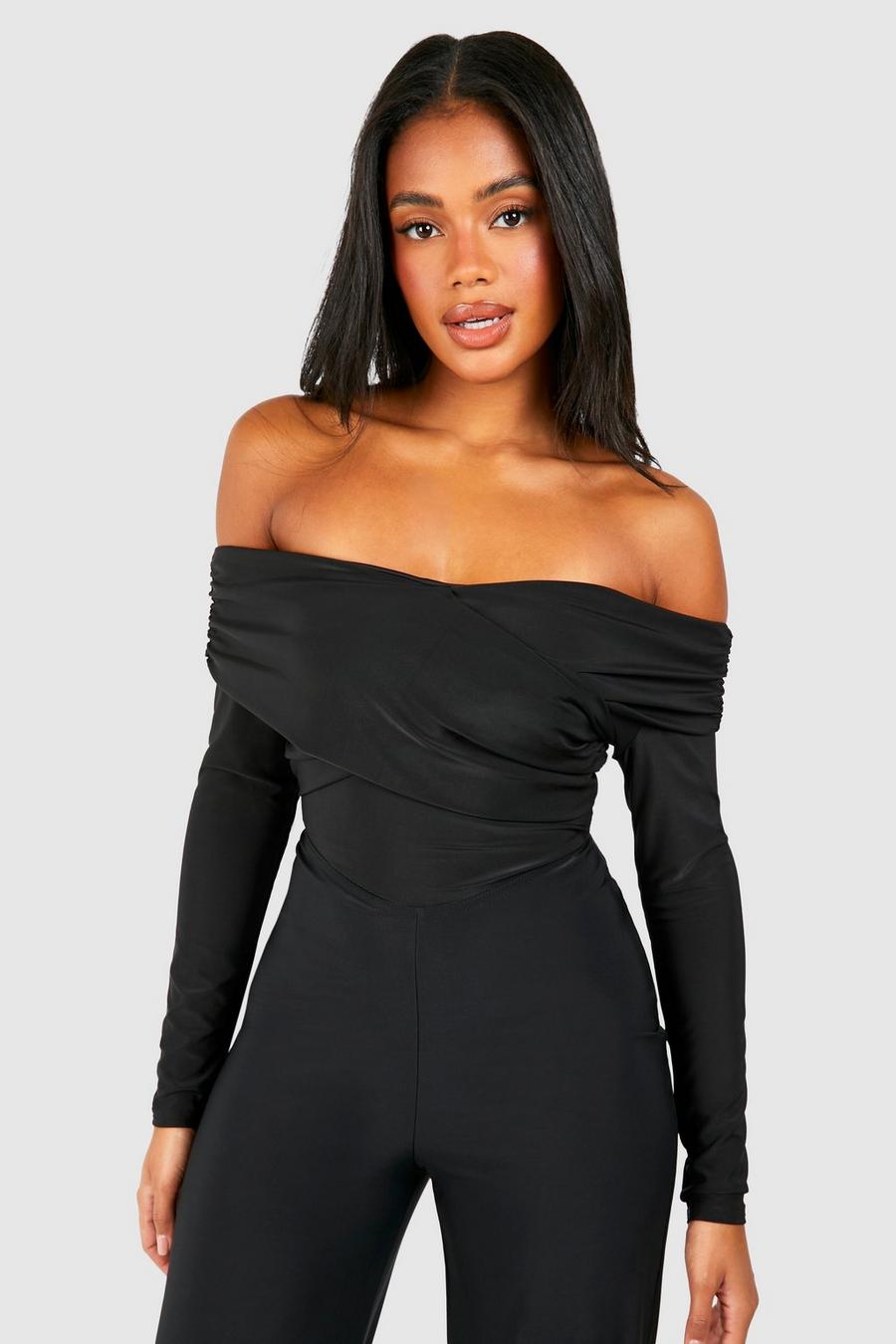 Black Ruched Wrap Over Long Sleeve Bodysuit 