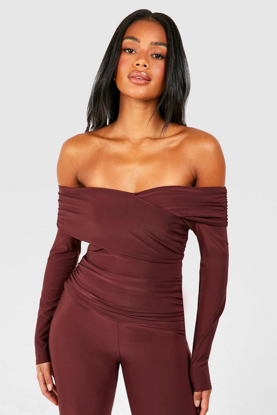 Chocolate Ruched Wrap Over Long Sleeve Bodysuit 