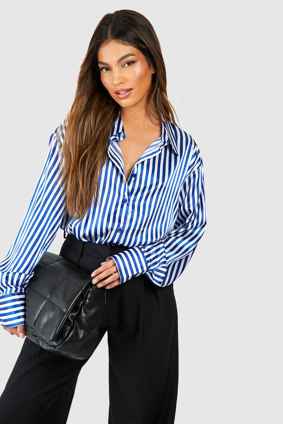 Camicia oversize in raso a righe, Blue image number 1