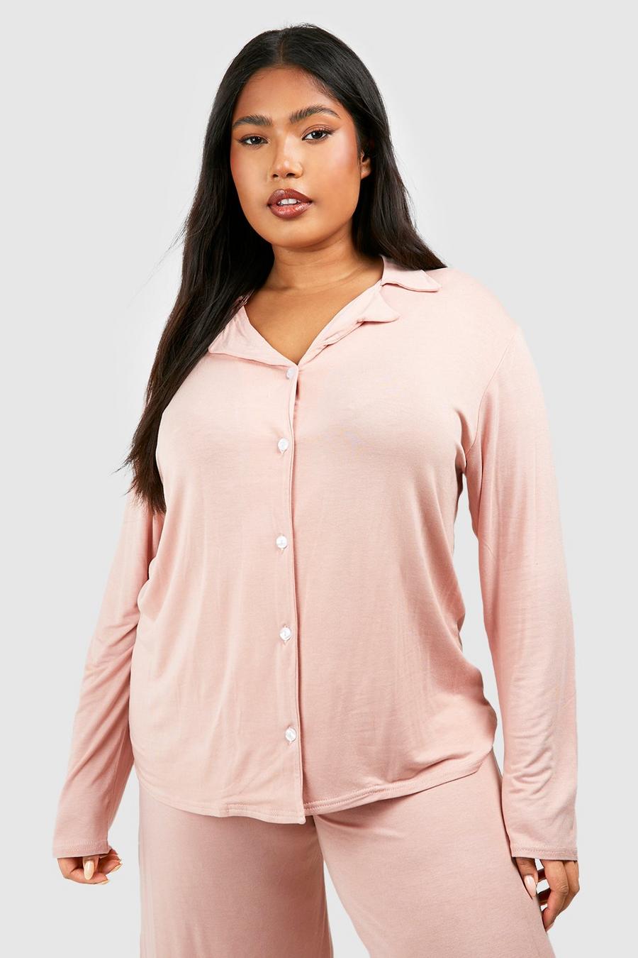 Rose Plus Peached Jersey Long Sleeve Button Pj Shirt