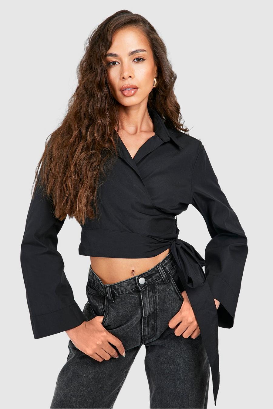 Black Wide Sleeve Wrap Tie Cropped Shirt 