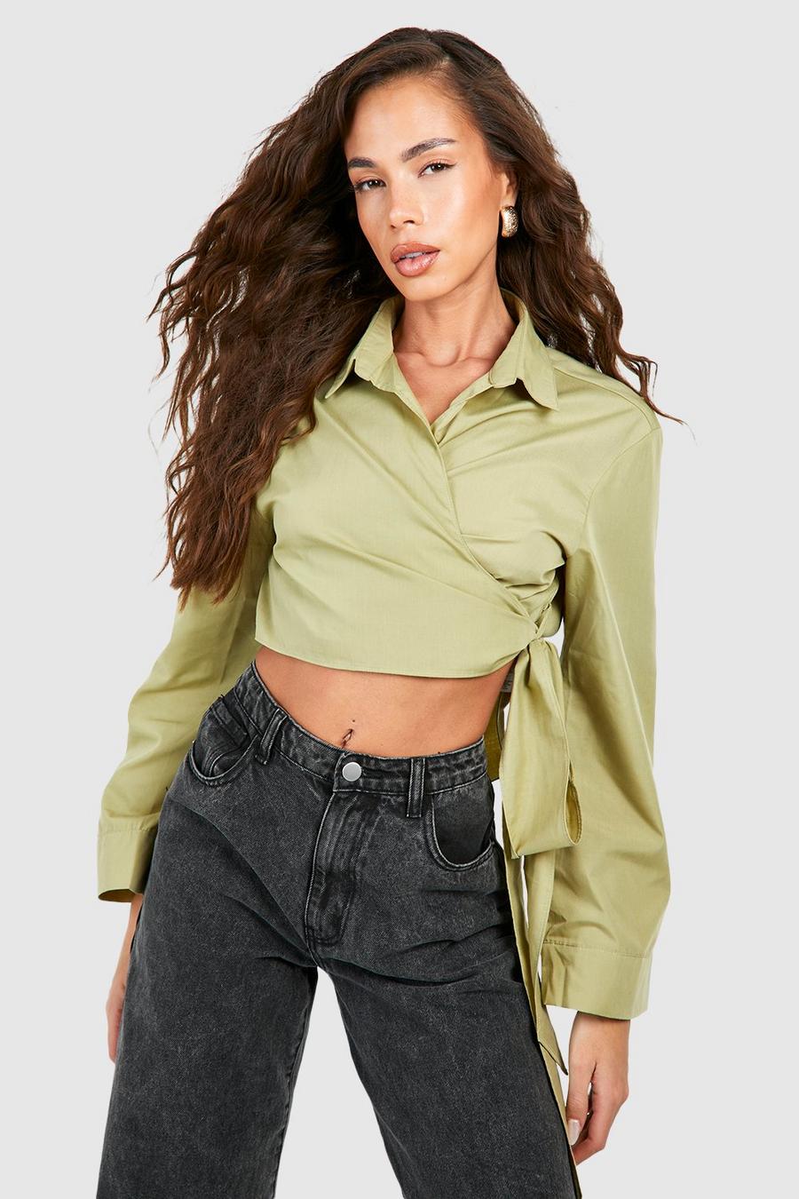 Olive Wide Sleeve Wrap Tie Cropped Shirt  