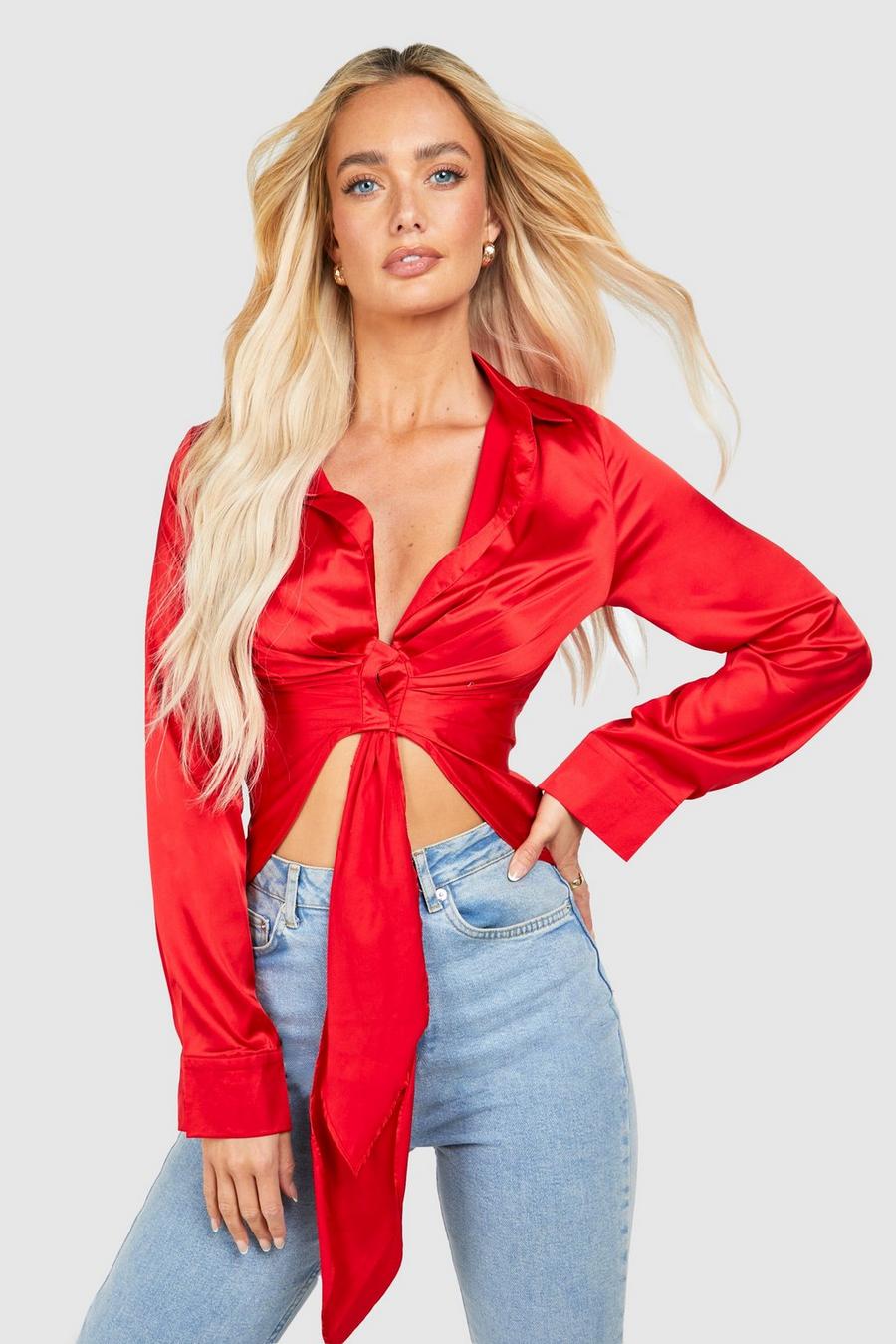 Red Satin Tie Front Drape Blouse 