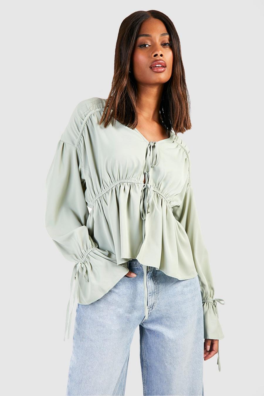 Sage Tie Front Frill Sleeve Blouse