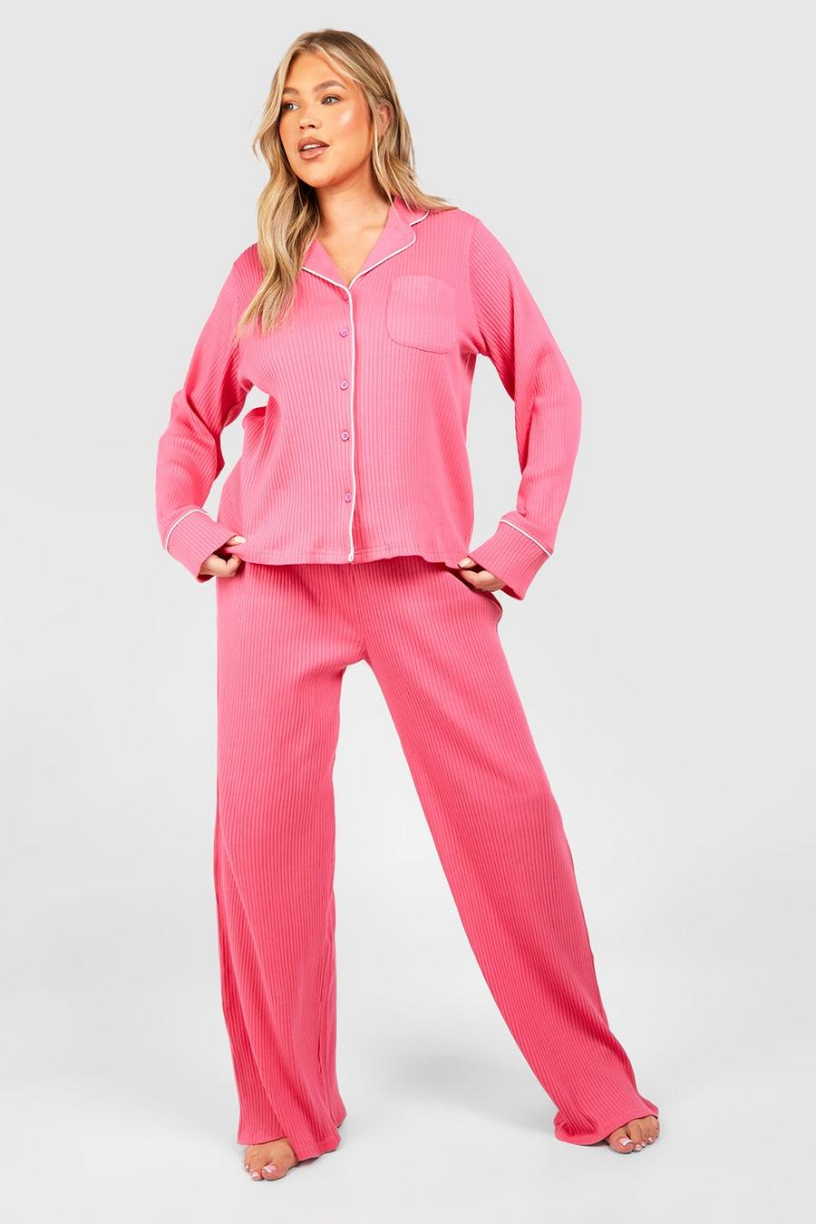 Plus gerippte Loungewear-Hose mit Bindegürtel, Pink