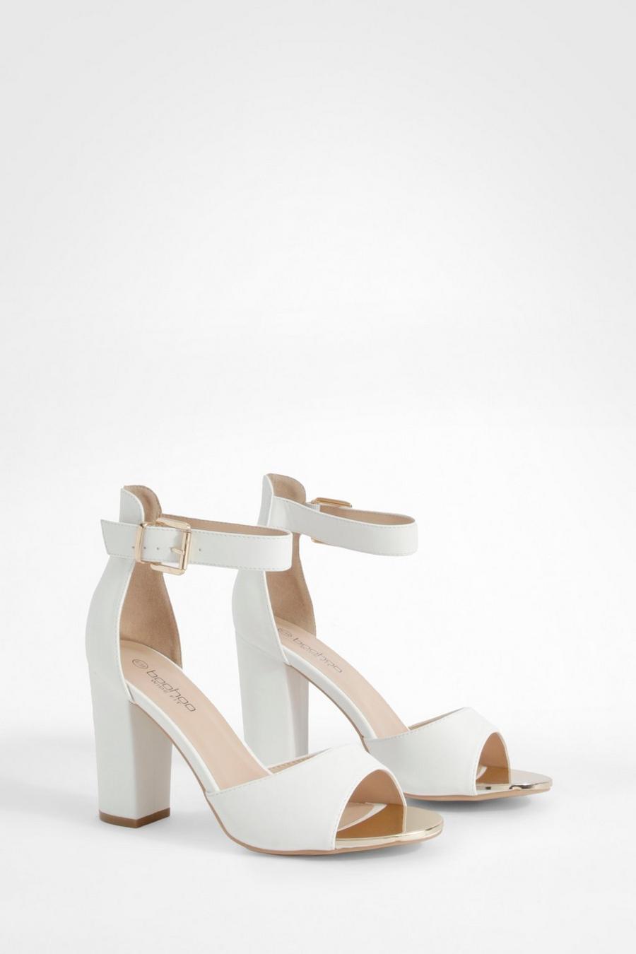 White Wide Fit Buckle Detail 2 Part Block Heels