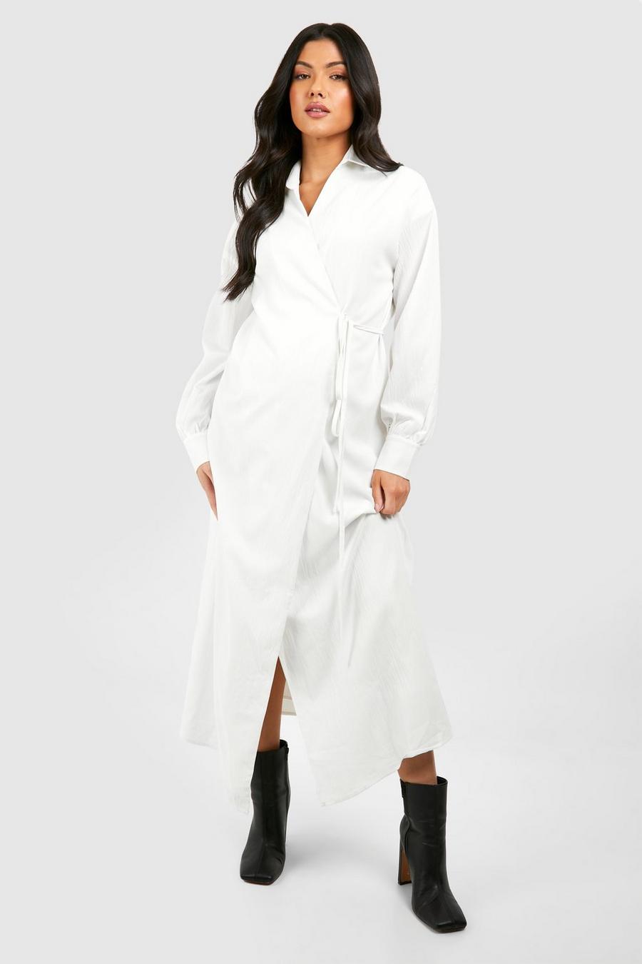 White Maternity Wrapover Textured Midi Dress