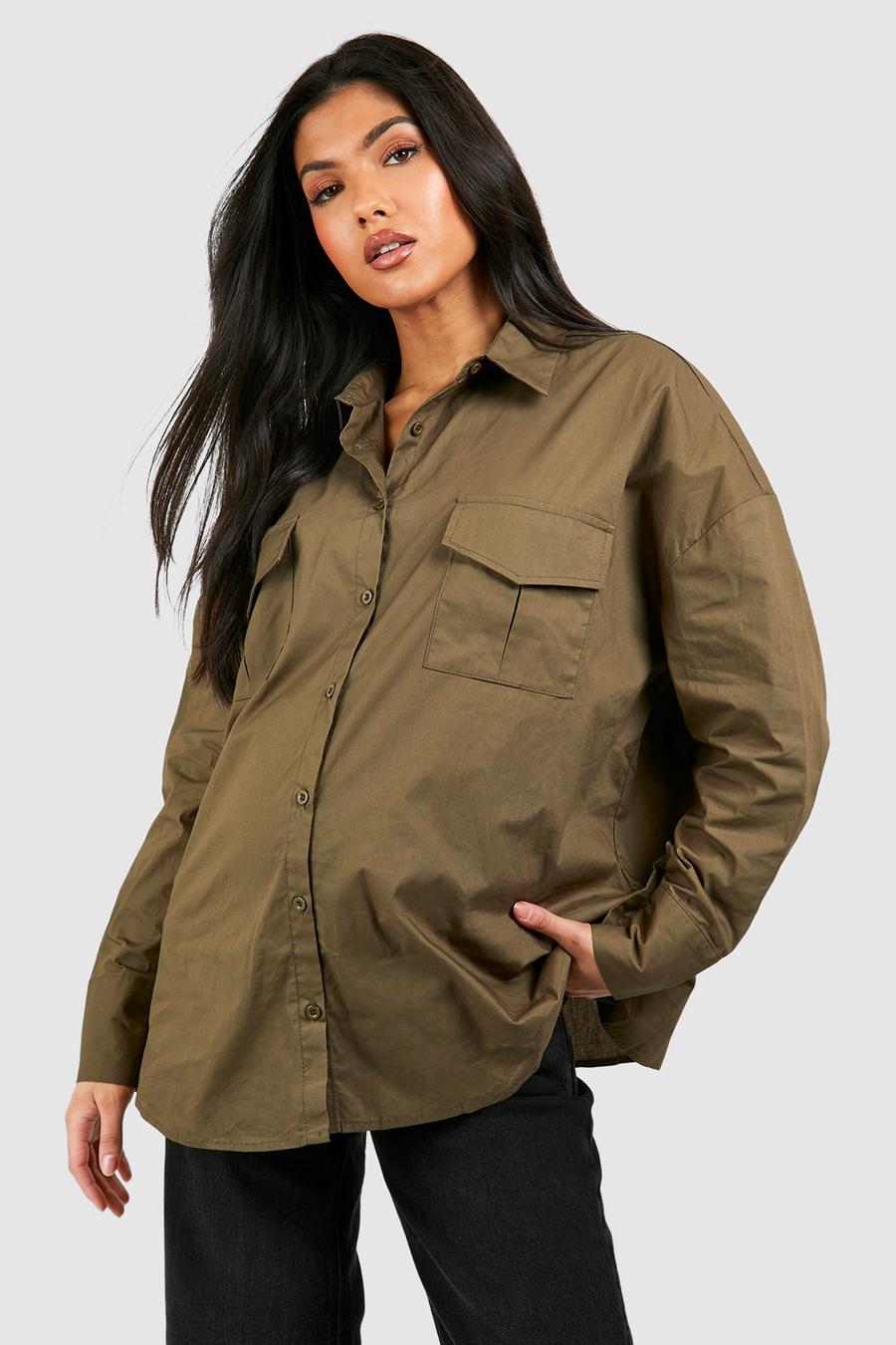 Khaki Maternity Oversized Utility Shirt