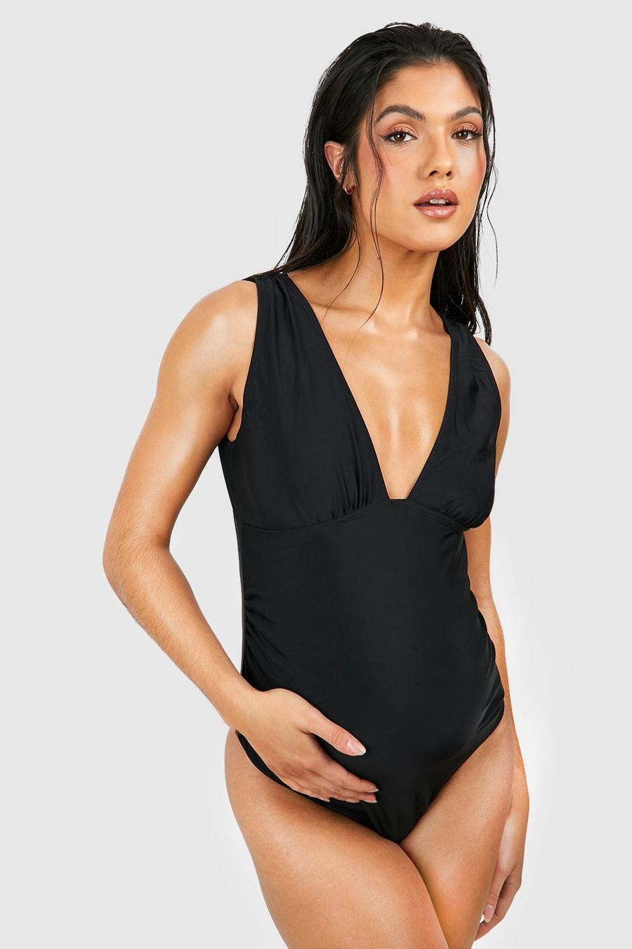 Black Maternity Ruched Plunge Neck Swimsuit image number 1