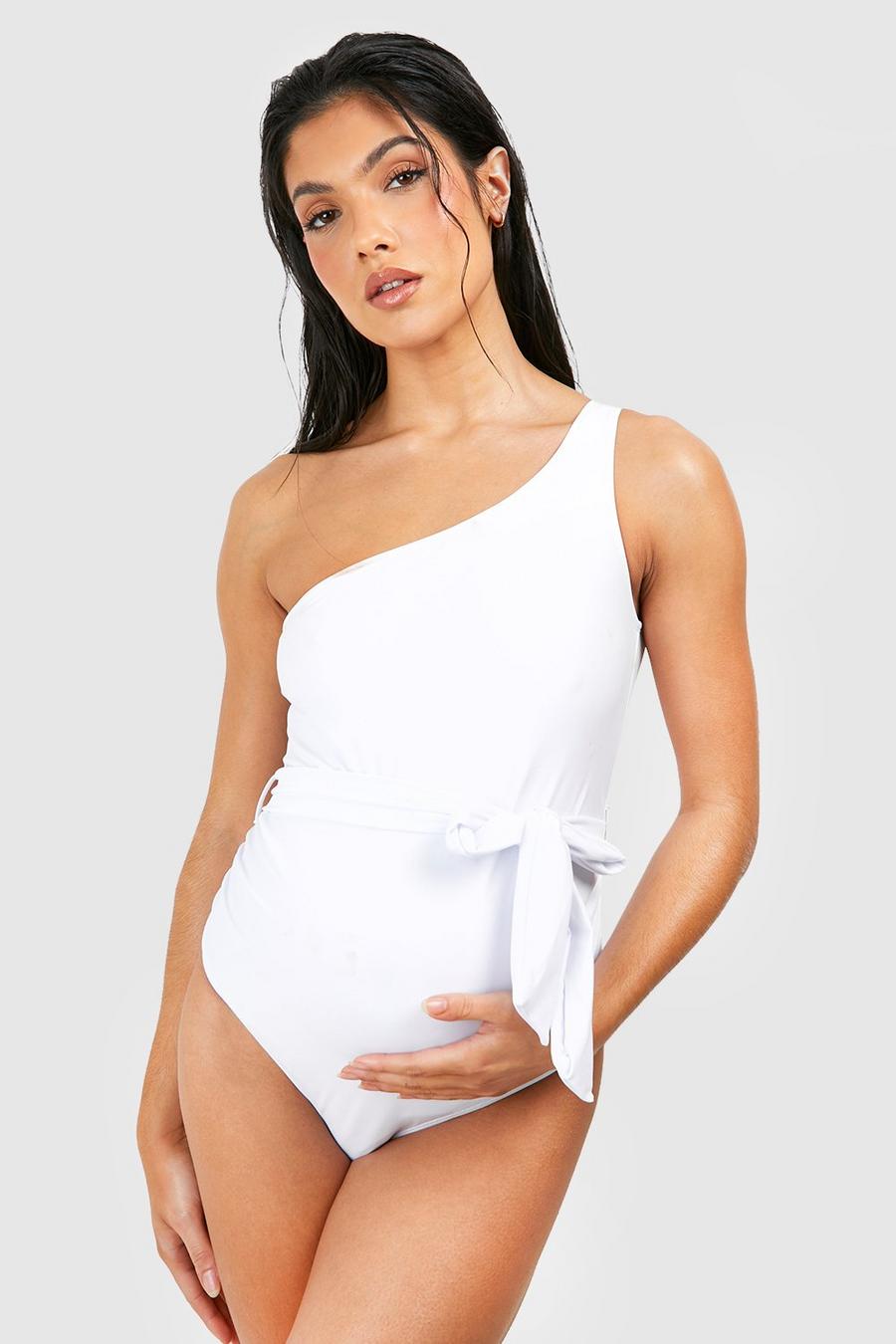 White Maternity Belted One Shoulder Swimsuit