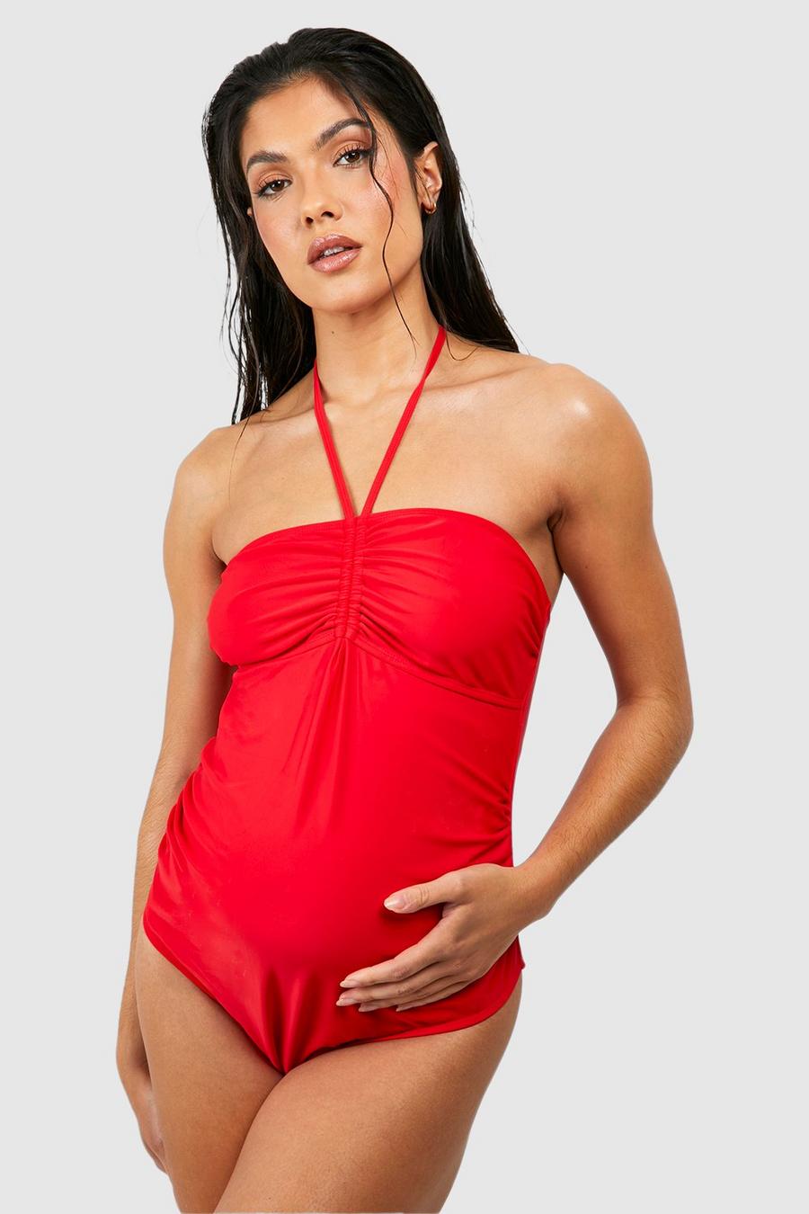 Red Maternity Ruched Bandeau Tie Swimsuit image number 1