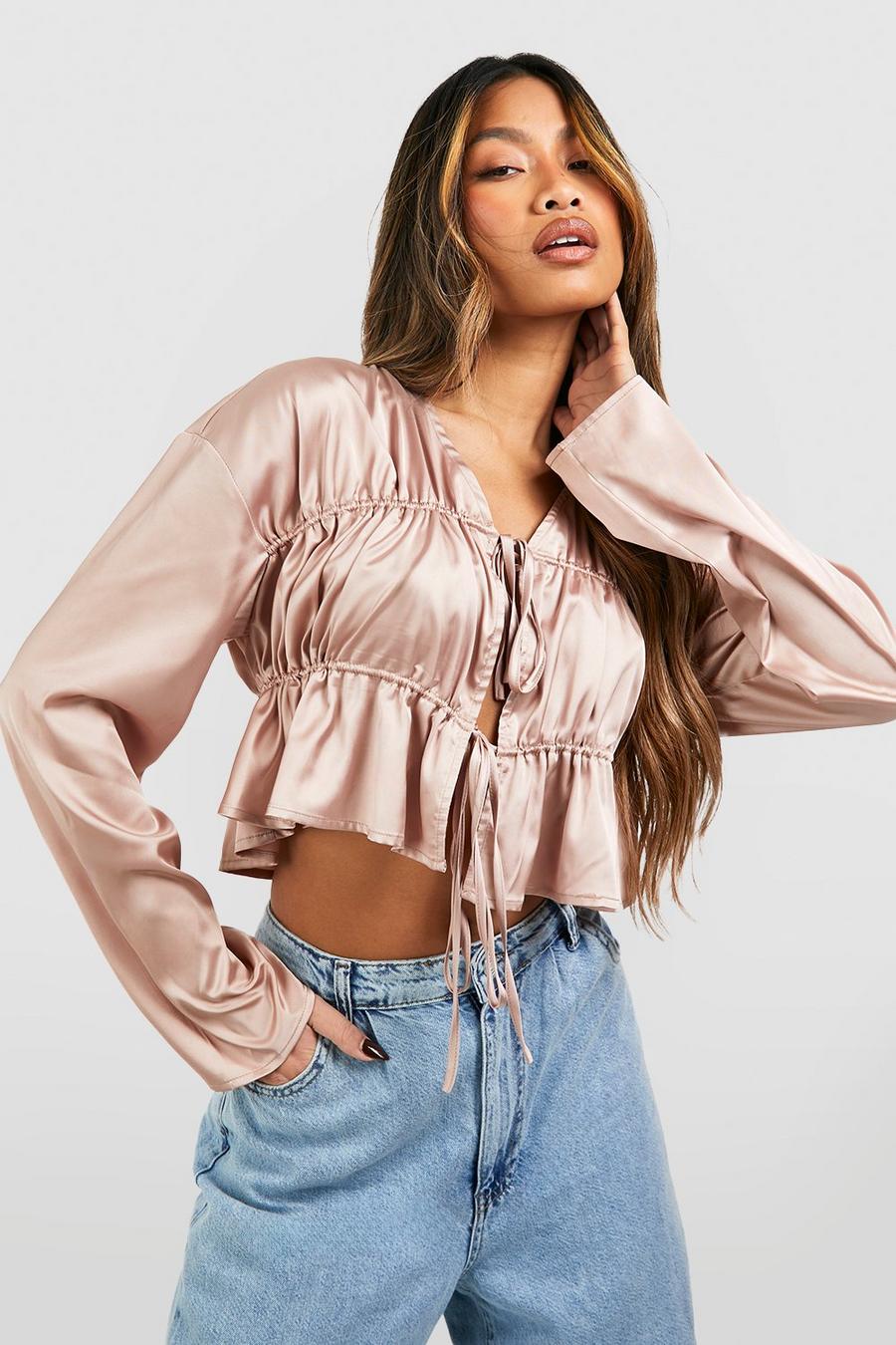 Taupe Satin Tie Front Crop Blouse