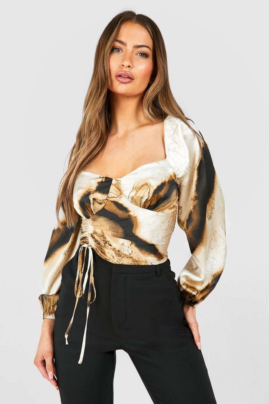 Black Abstract Printed Satin Ruched Puff Sleeve Corset