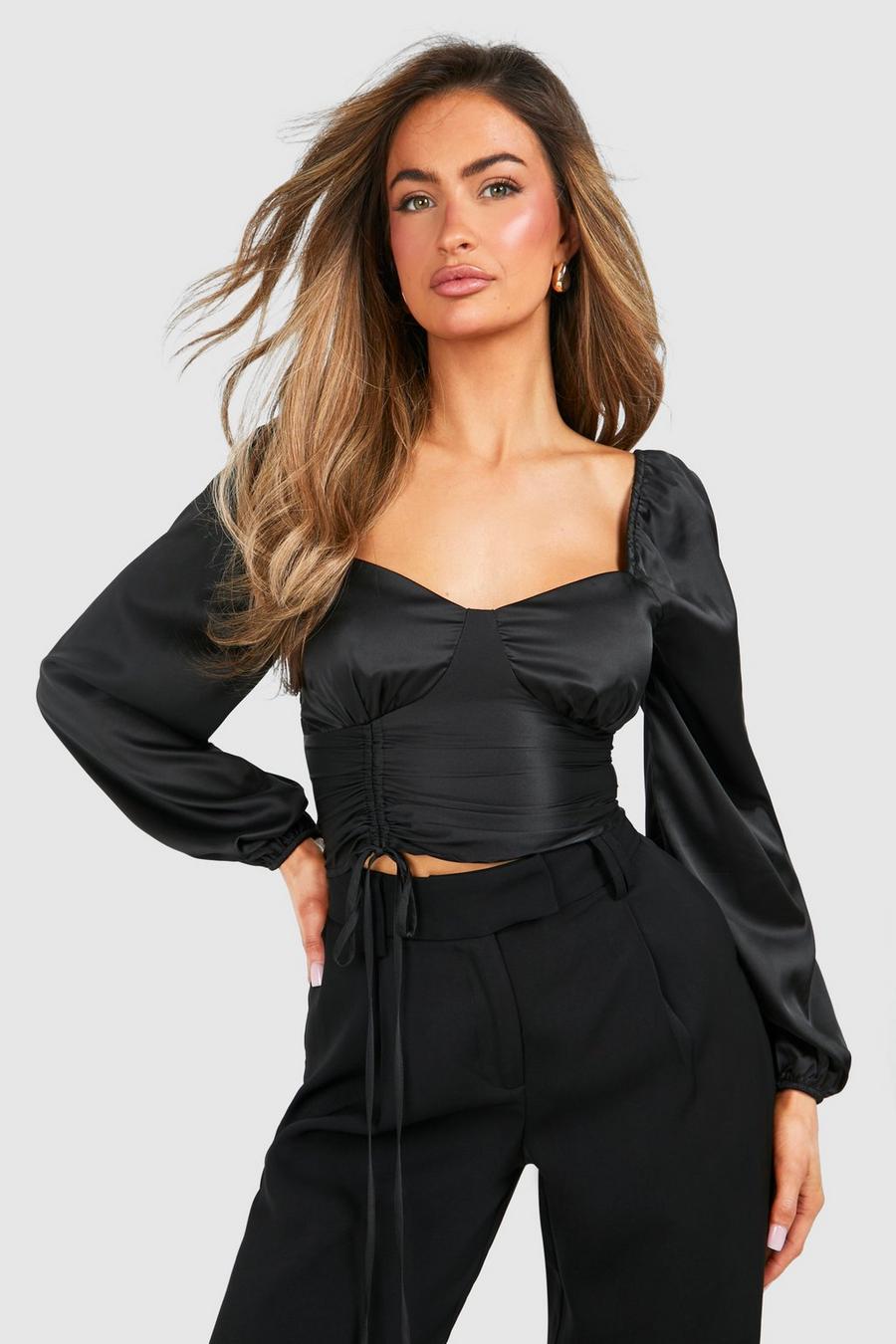 Black Satin Ruched Puff Sleeve Corset