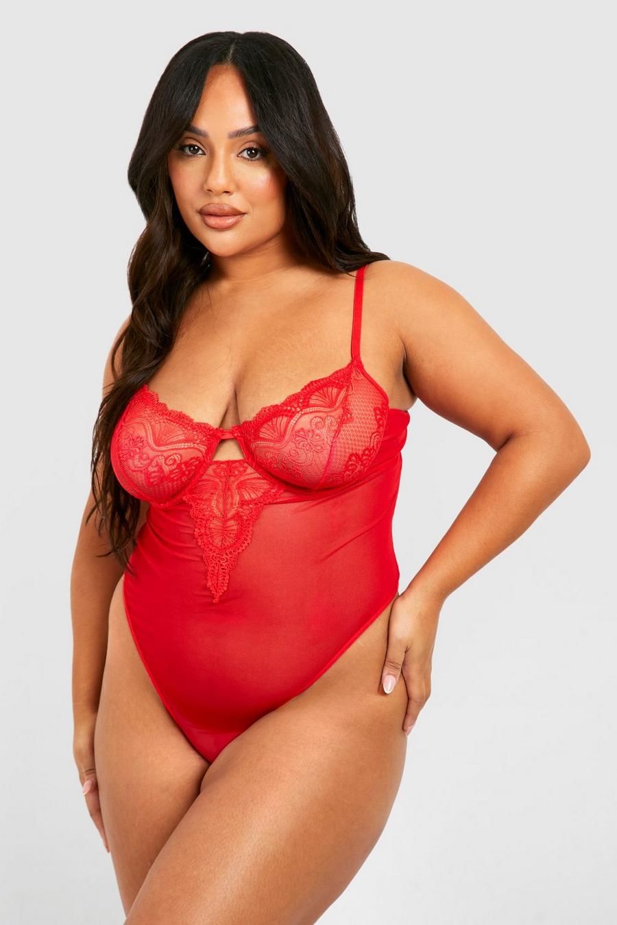 Red Plus Lace V Detail Body 
