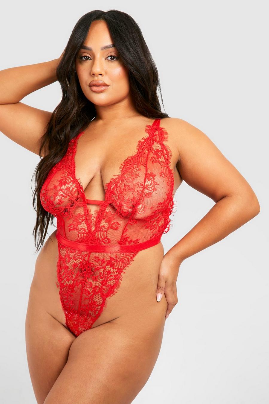 Red Plus Eyelash Lace Plunge Bodysuit