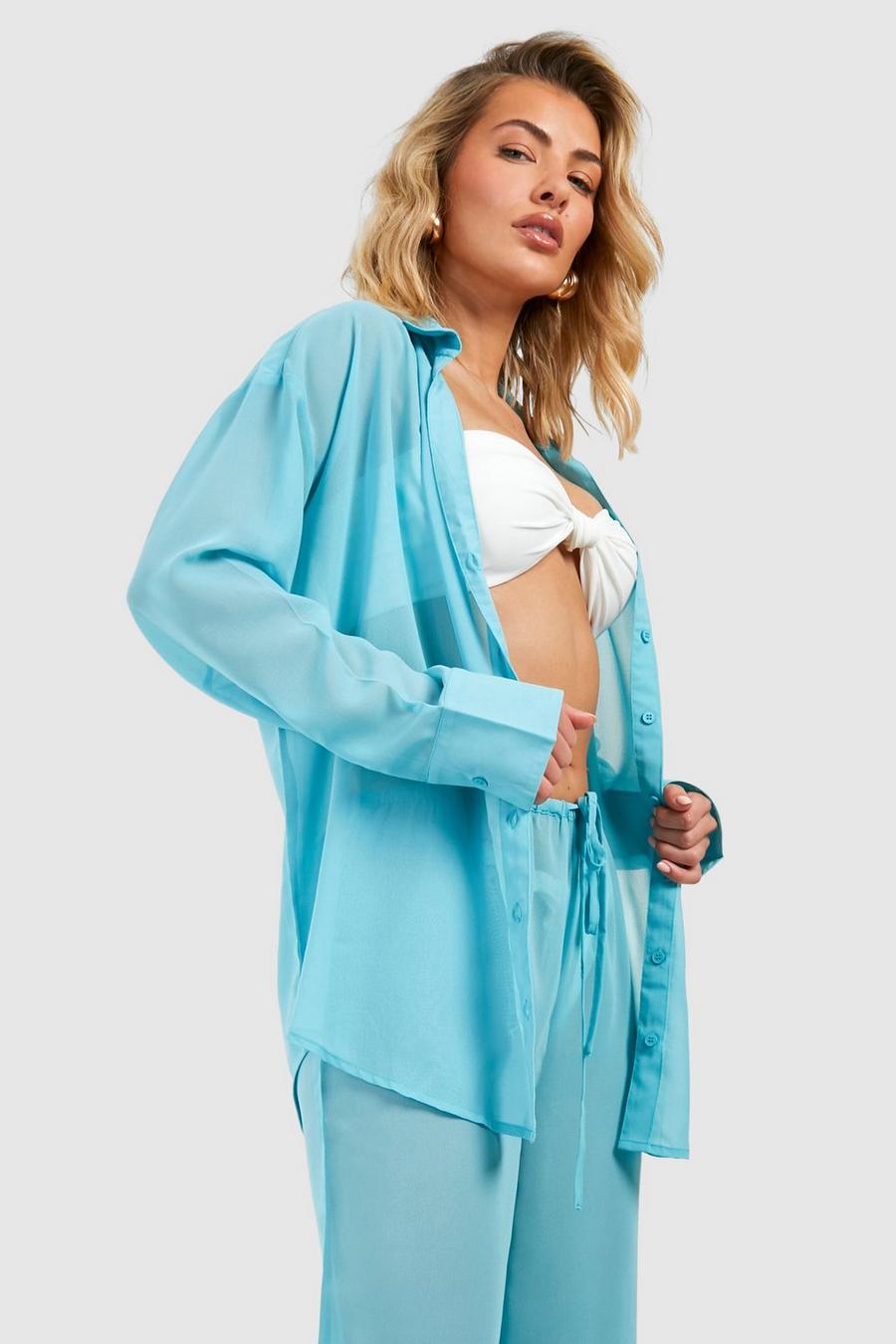 Light blue Button Front Chiffon Beach Shirt