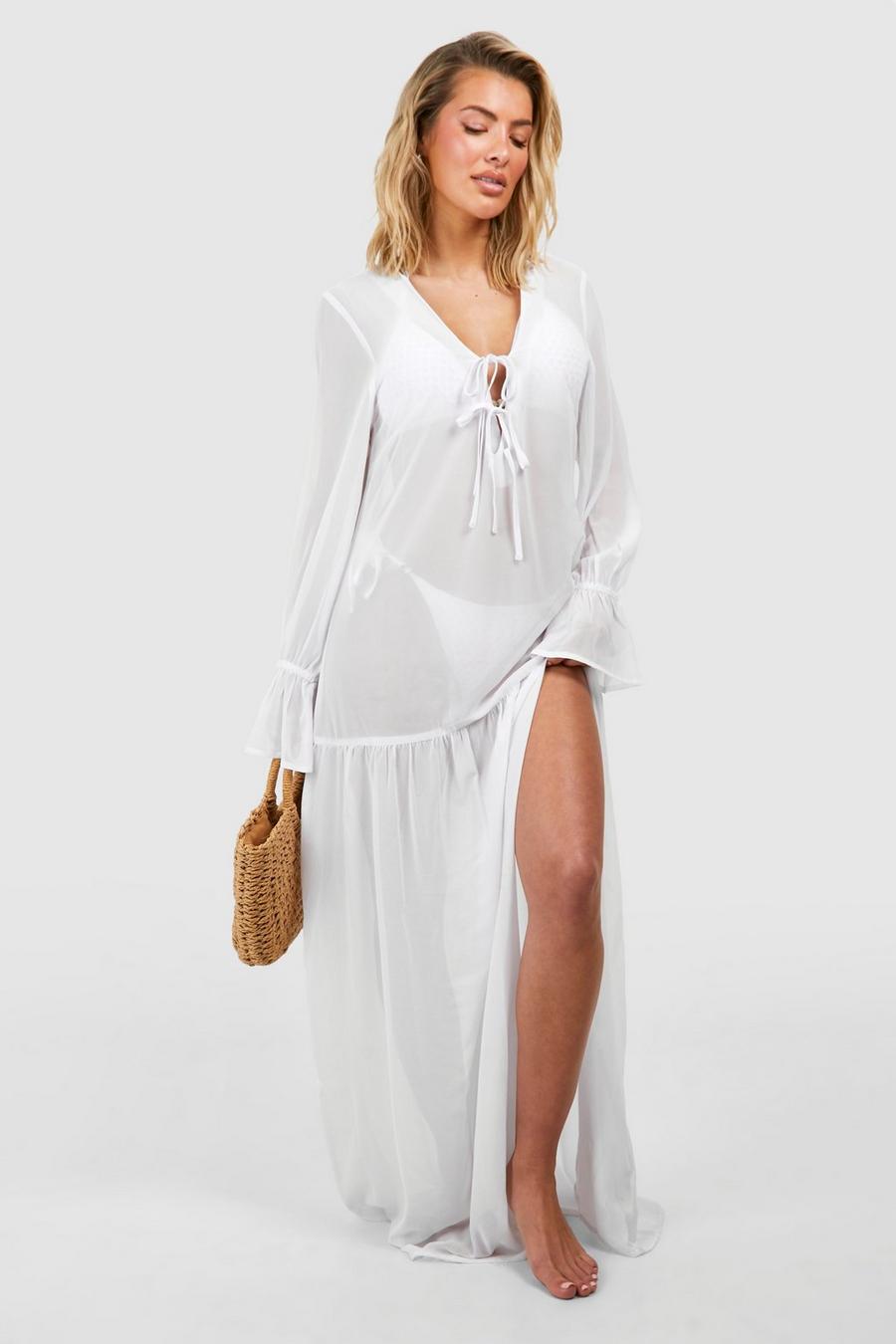 White Lace Up Detail Maxi Beach Kaftan image number 1
