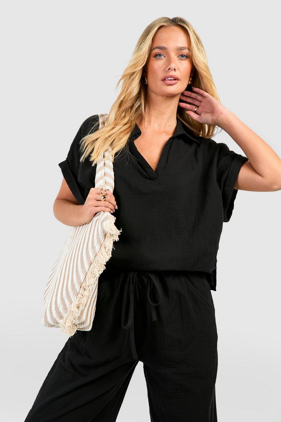 Black Linen Look Cover-up Beach Shirt image number 1