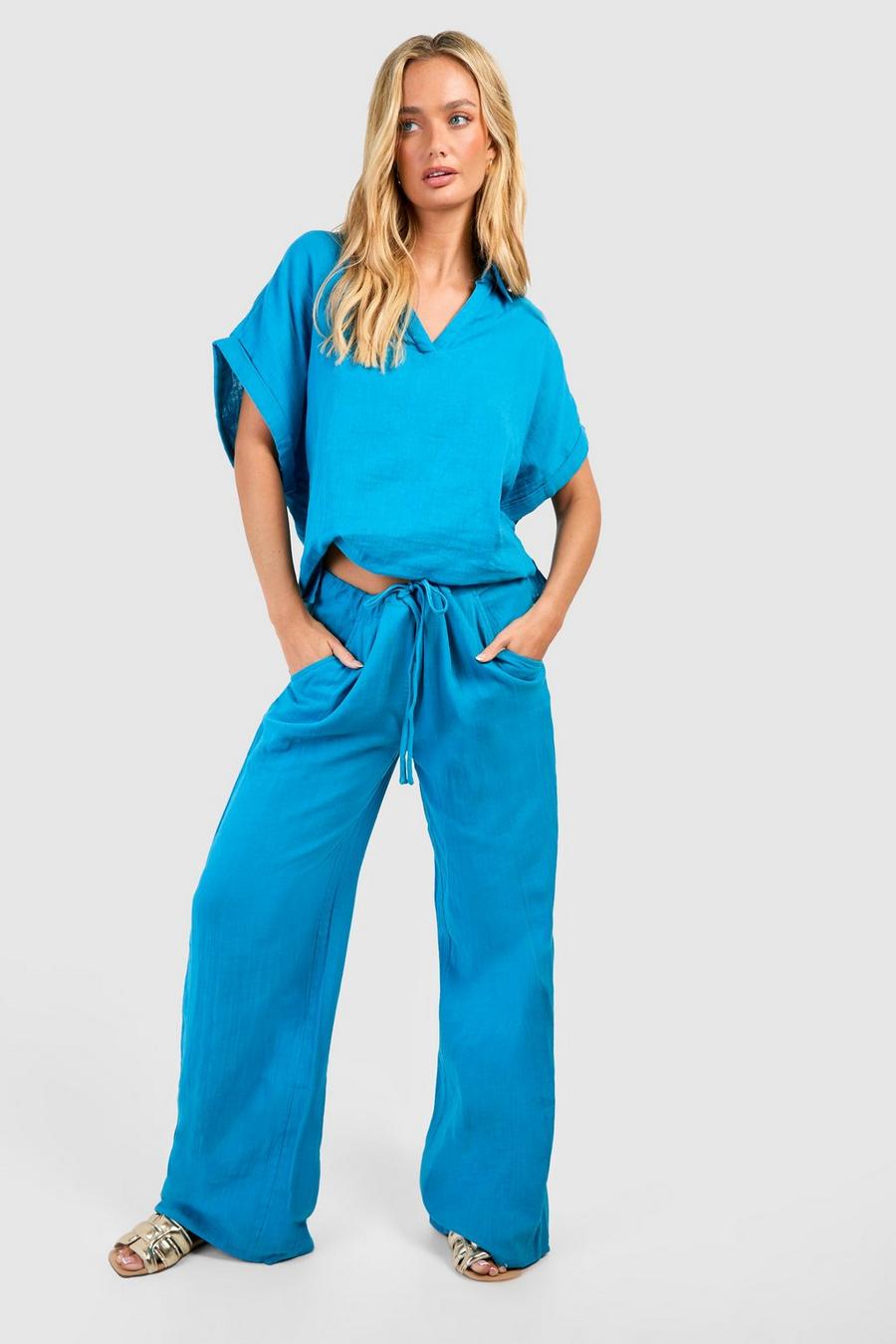 Ocean blue Linnen Look Cover-Up Strand Blouse