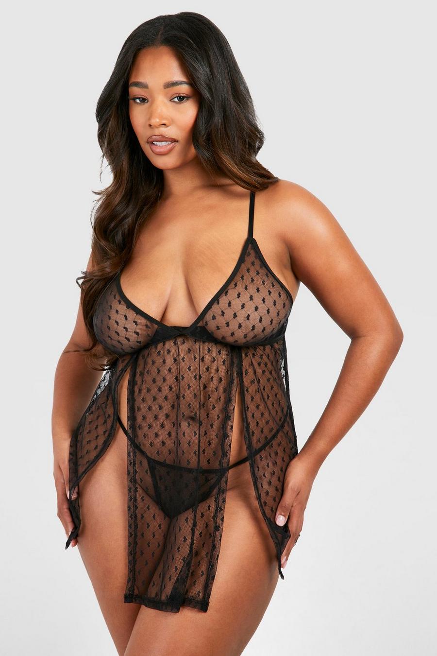 Babydoll Plus Size in rete a pois, Black image number 1