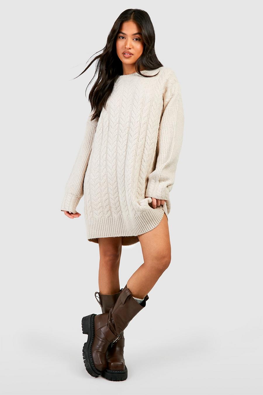 Cream Petite Cable Knit Sweater Dress