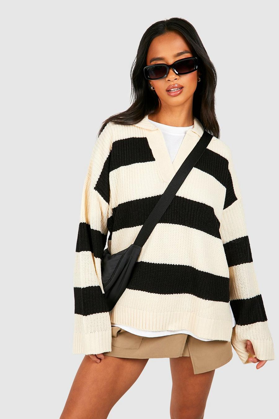 Cream Petite Stripe Collar Detail Sweater