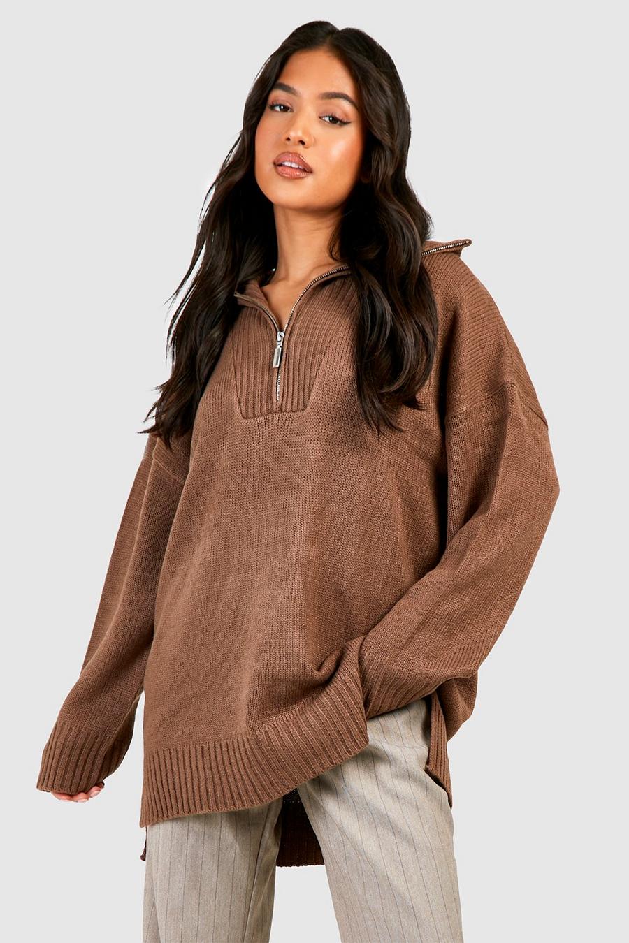 Brown Petite Half Zip Collar Detail Longline Sweater