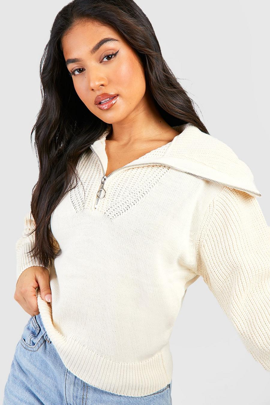Cream Petite Half Zip Collar Detail Sweater