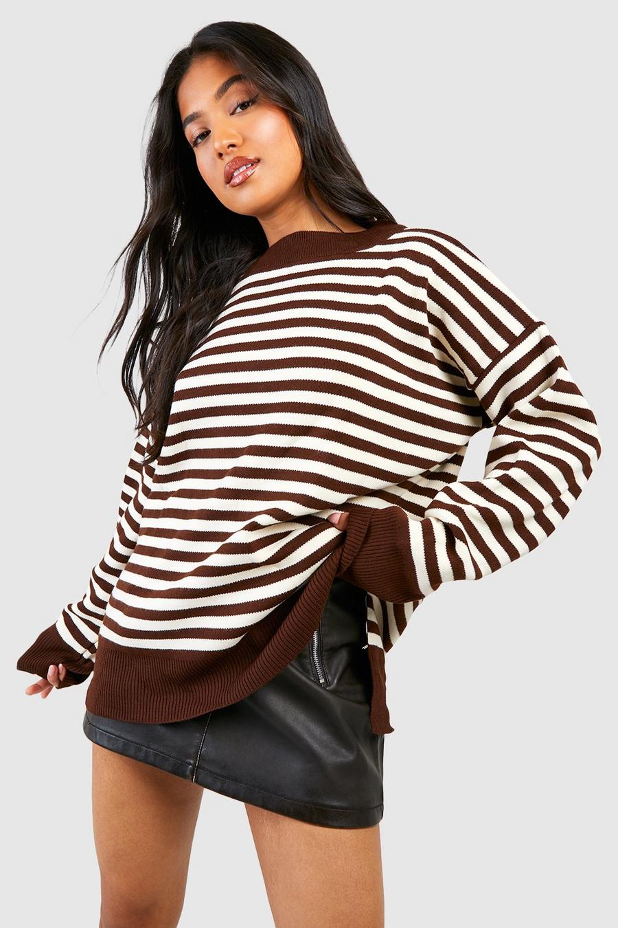 Camel Petite Drop Shoulder Oversized Stripe Sweater