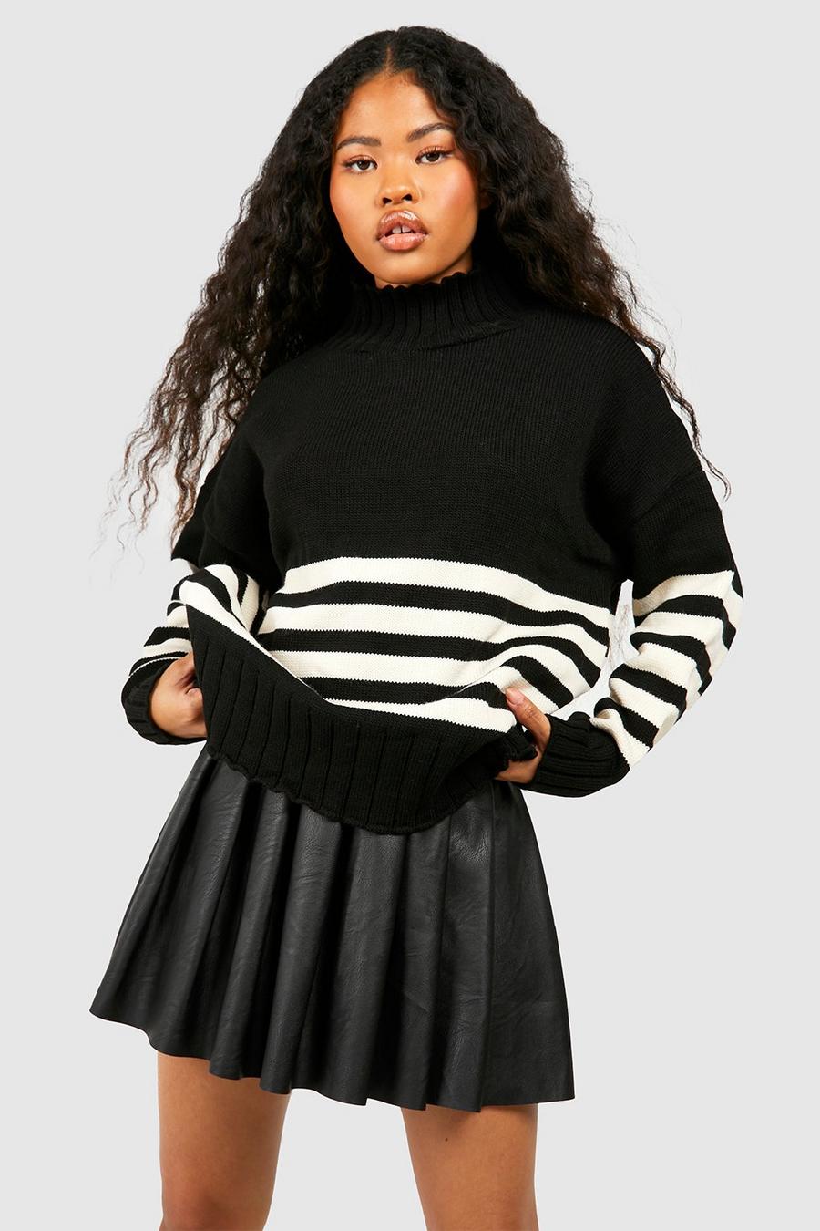 Black Petite High Neck Stripe Sweater
