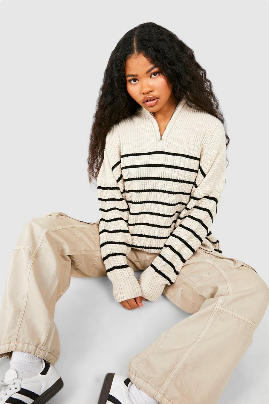 Cream Petite Half Zip Stripe Sweater