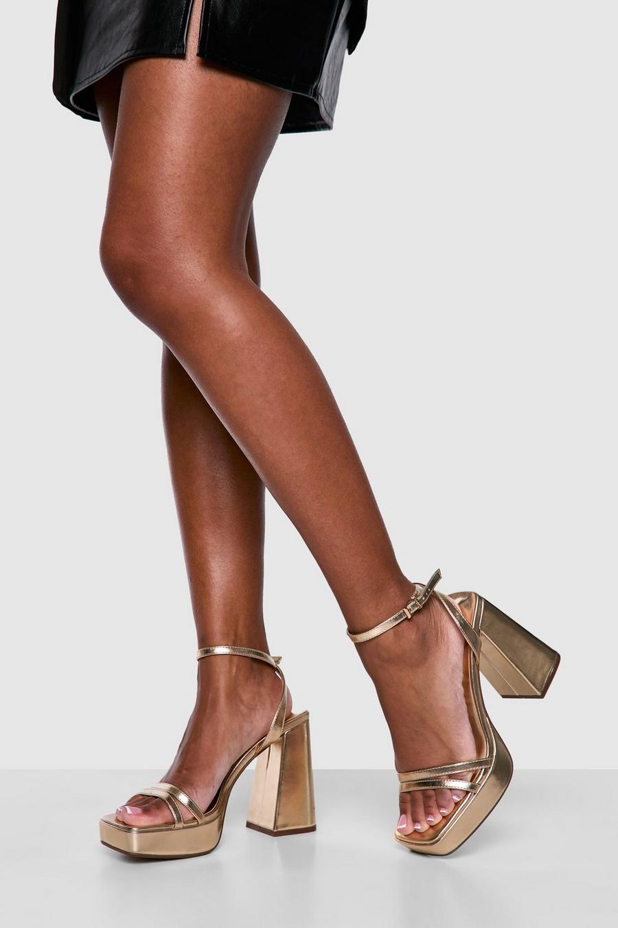 Gold Wide Fit Multi Strap High Platform Two Part Heels