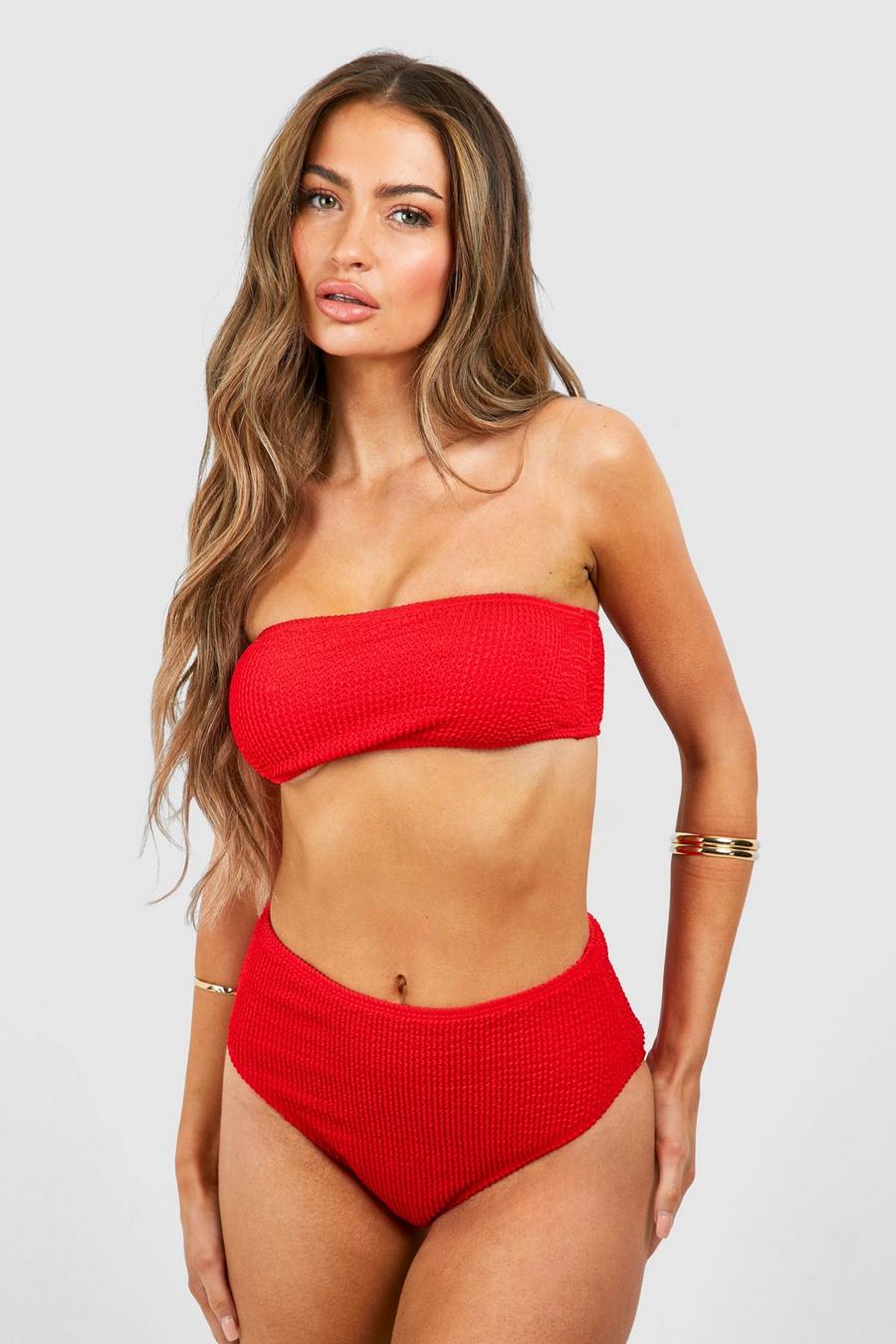 Mix & Match Bikinihose in Knitteroptik mit hohem Bund, Rich red