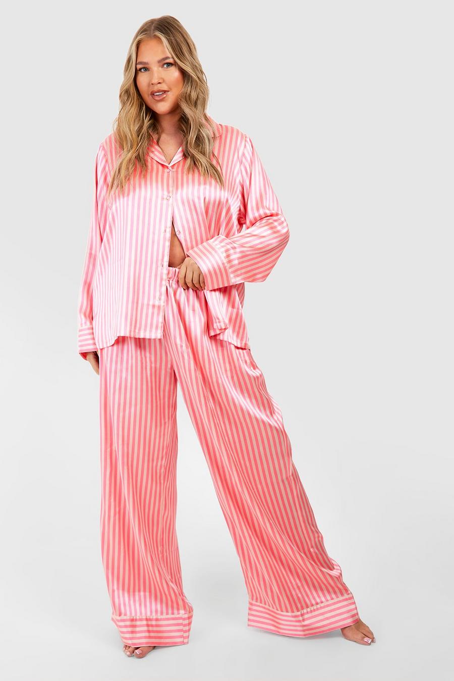 Candy pink Plus Satijnen Gestreepte Pyjama Set Met Broek