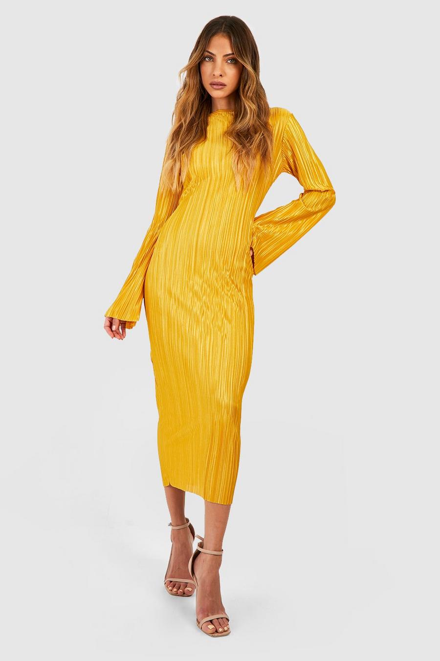 Mustard Plisse Flare Sleeve Midaxi Dress