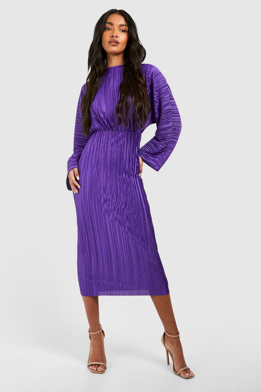 Vestito longuette plissettato con maniche ad ala di pipistrello, Purple