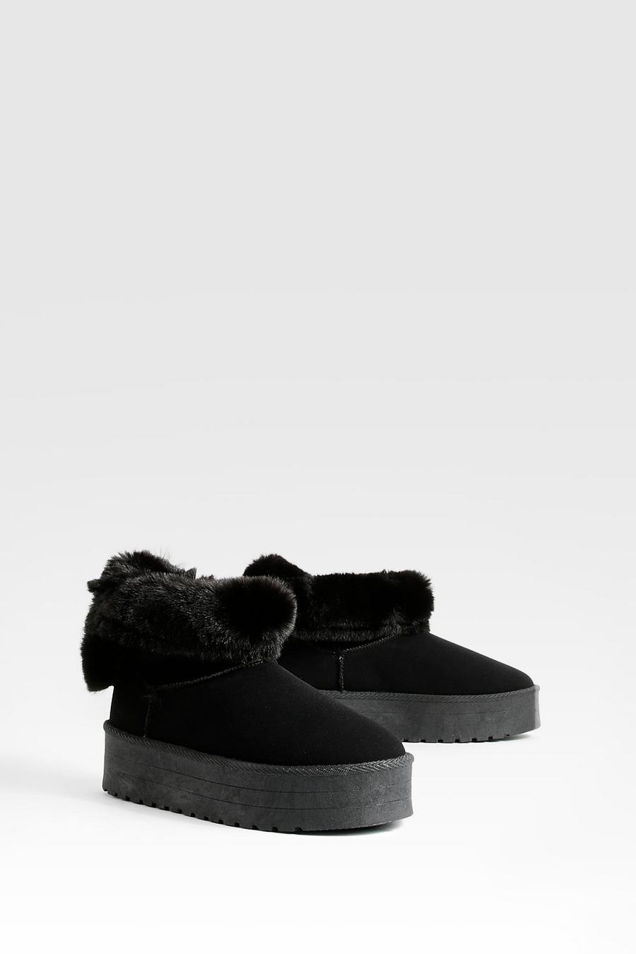 Black Fur Trim Platform Mini Cosy Boots     