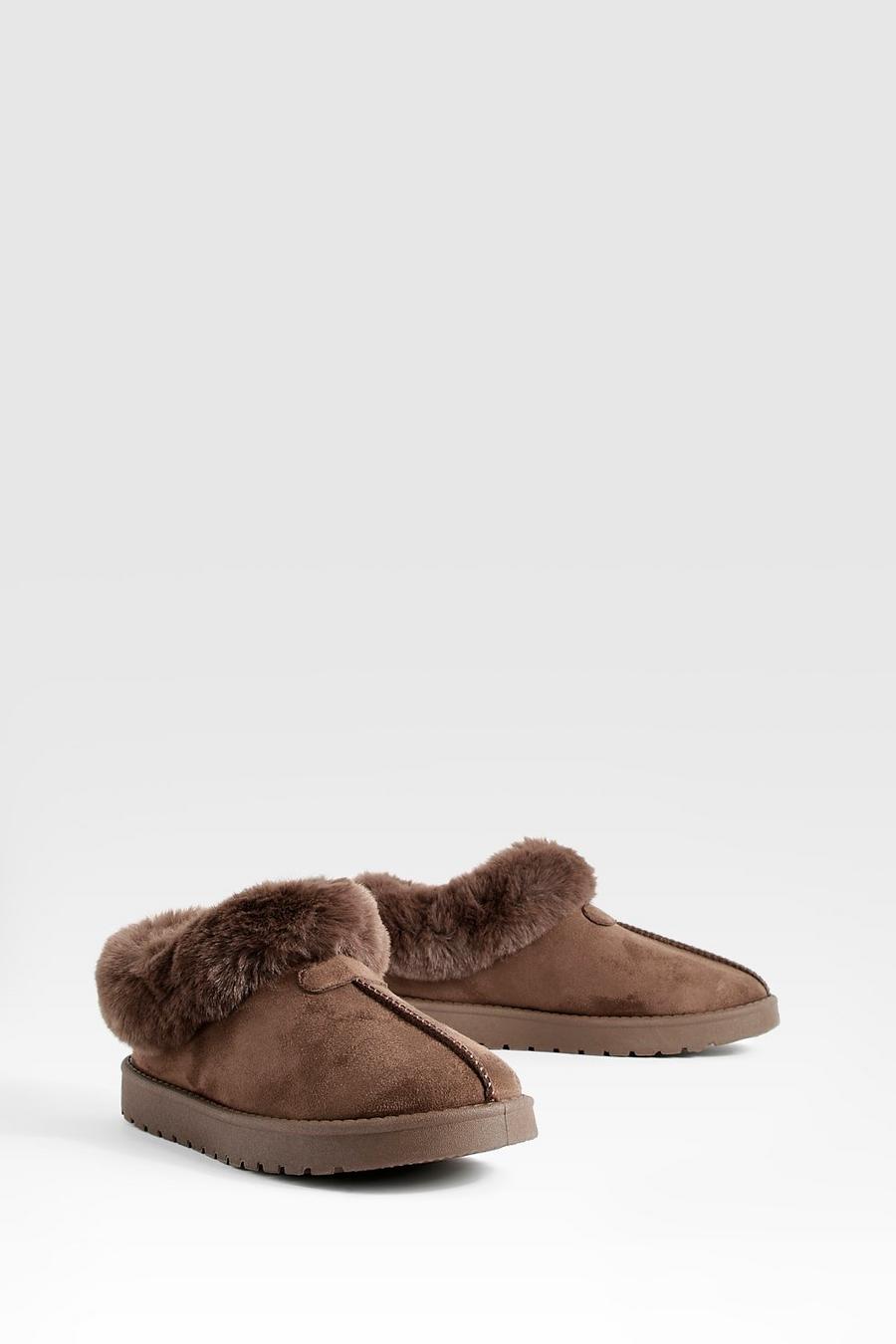 Chocolate Fur Trim Cosy Mules