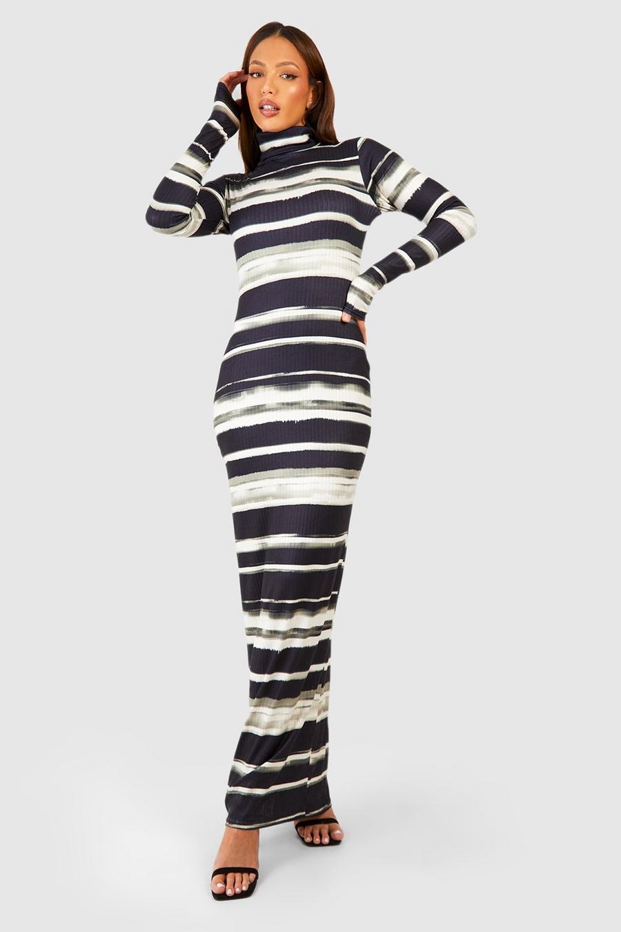 Black Tall Stripe Print Roll Neck Maxi Dress 