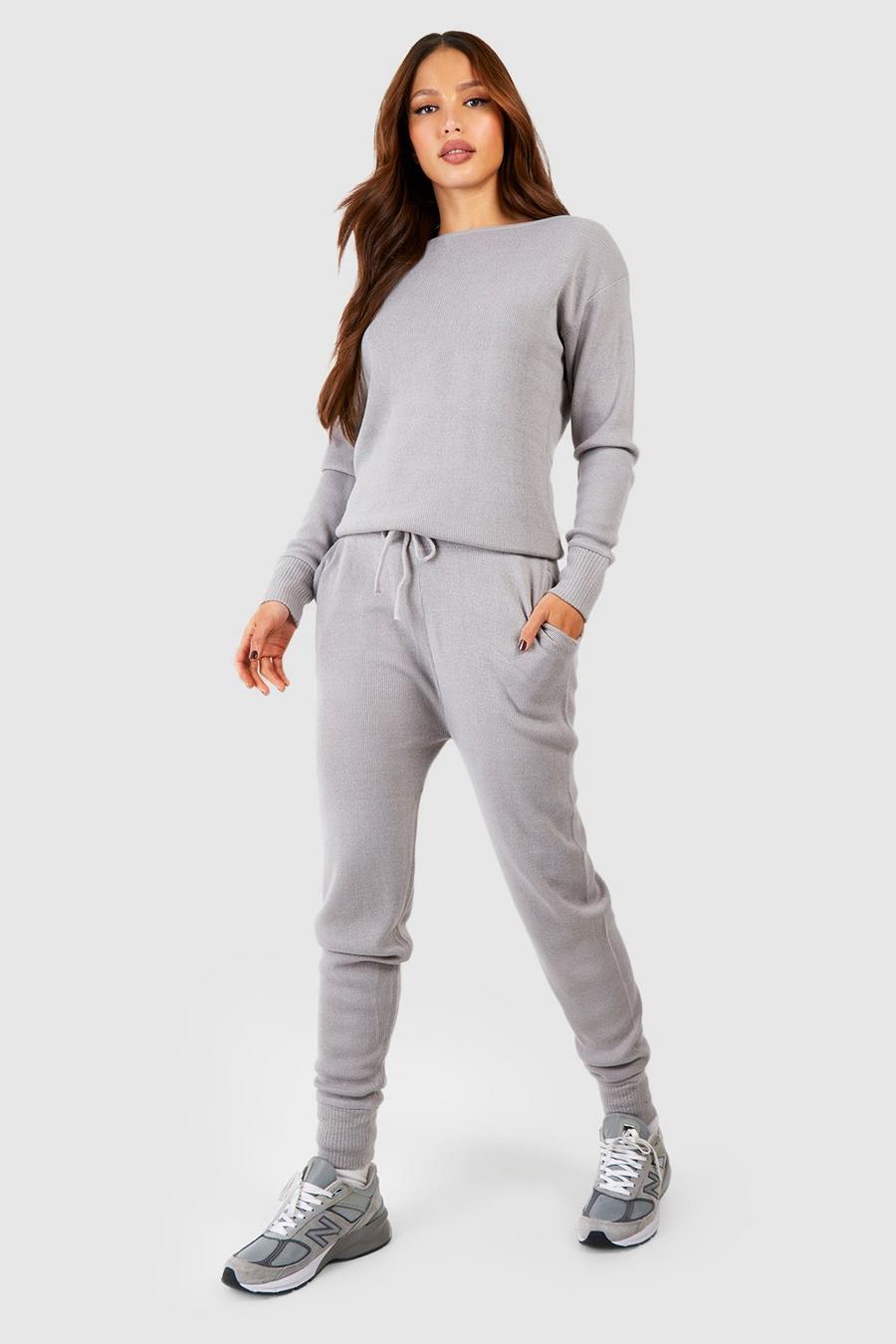 Grey Tall Knitted Slash Neck Jumper & Track Pants Set