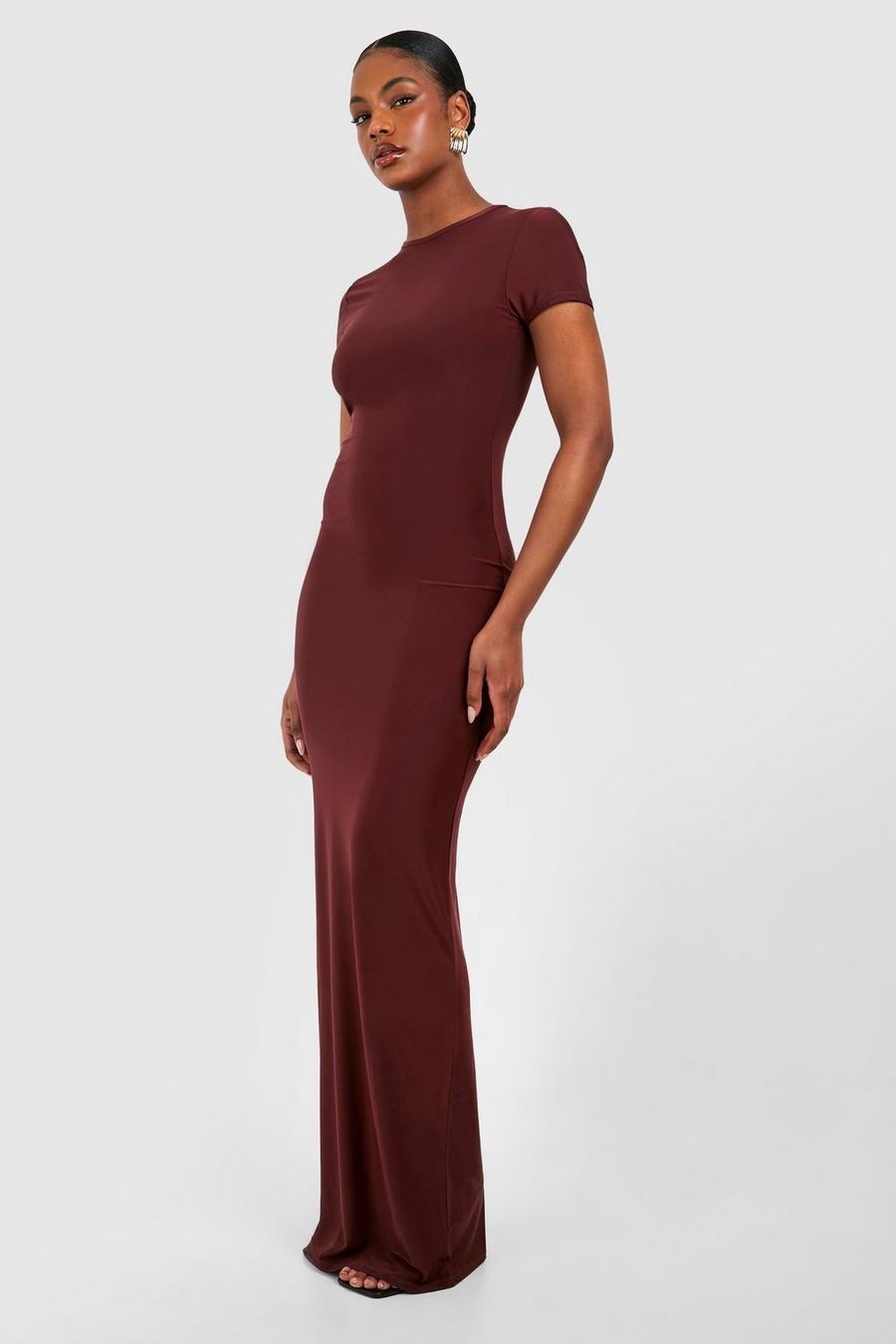 Chocolate Tall Slinky Cap Sleeve Maxi Dress