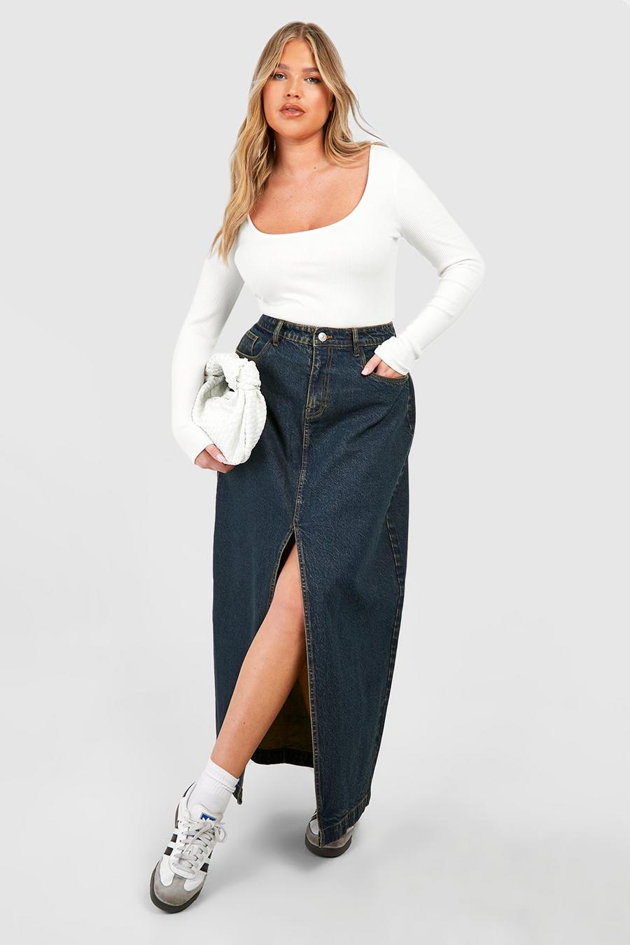 Washed indigo Plus Basic Split Front Denim Maxi Skirt