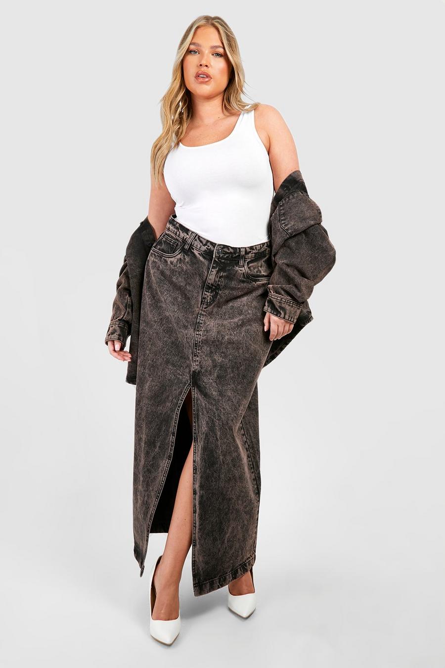 Brown Plus Basic Split Front Denim Maxi Skirt