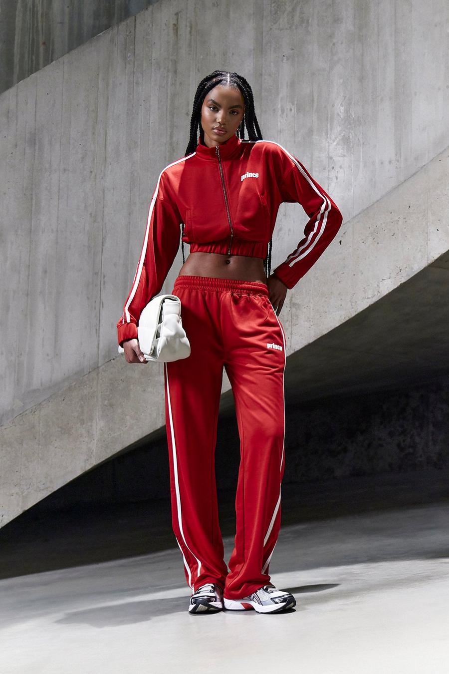 Pantalón deportivo recto de tejido por urdimbre con estampado Prince, Red