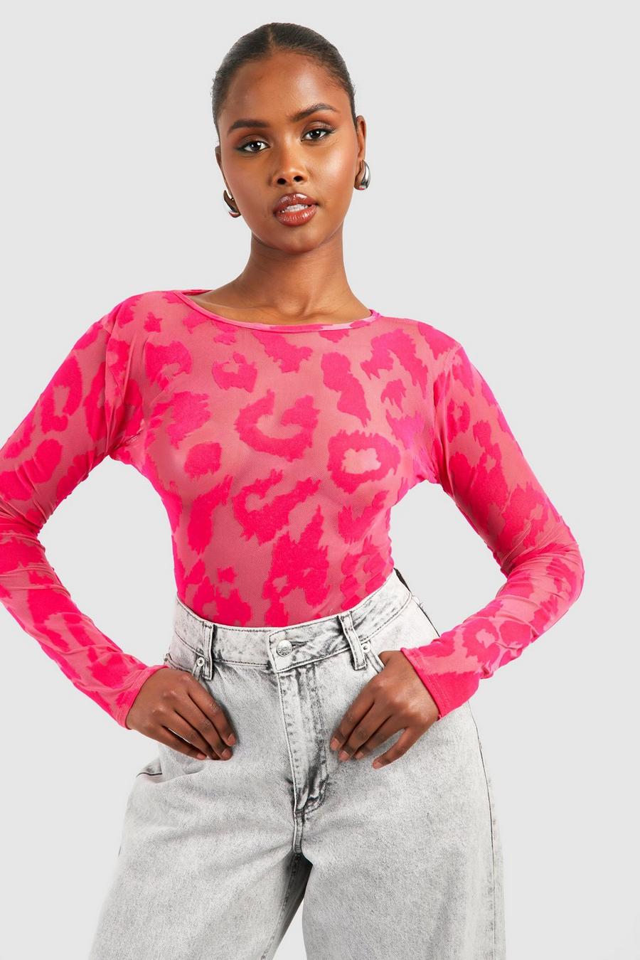 Top in jeans Grazer leopardato a effetto vellutato, Pink image number 1