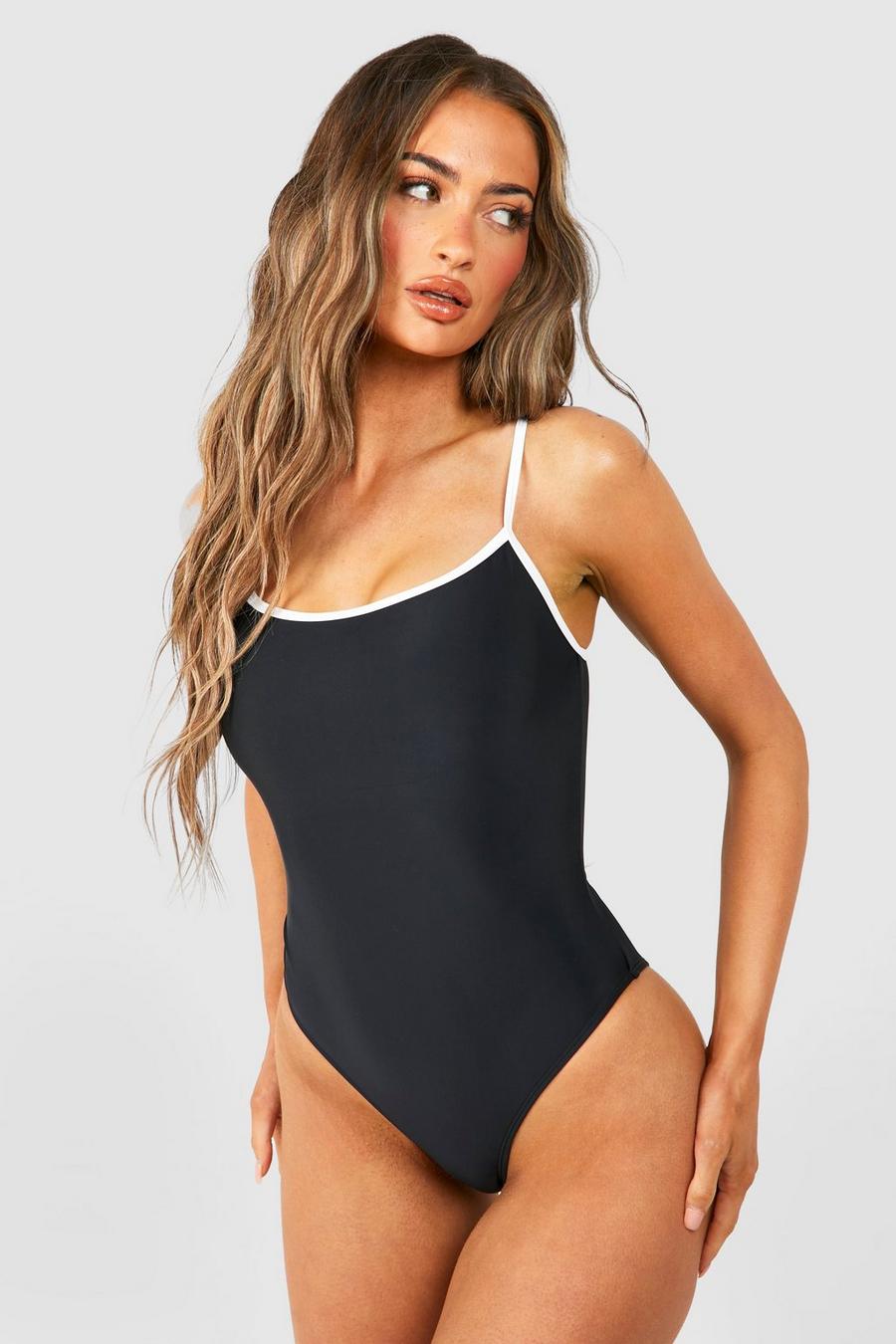 Black Mono Contrast Binding Scoop Swimsuit image number 1
