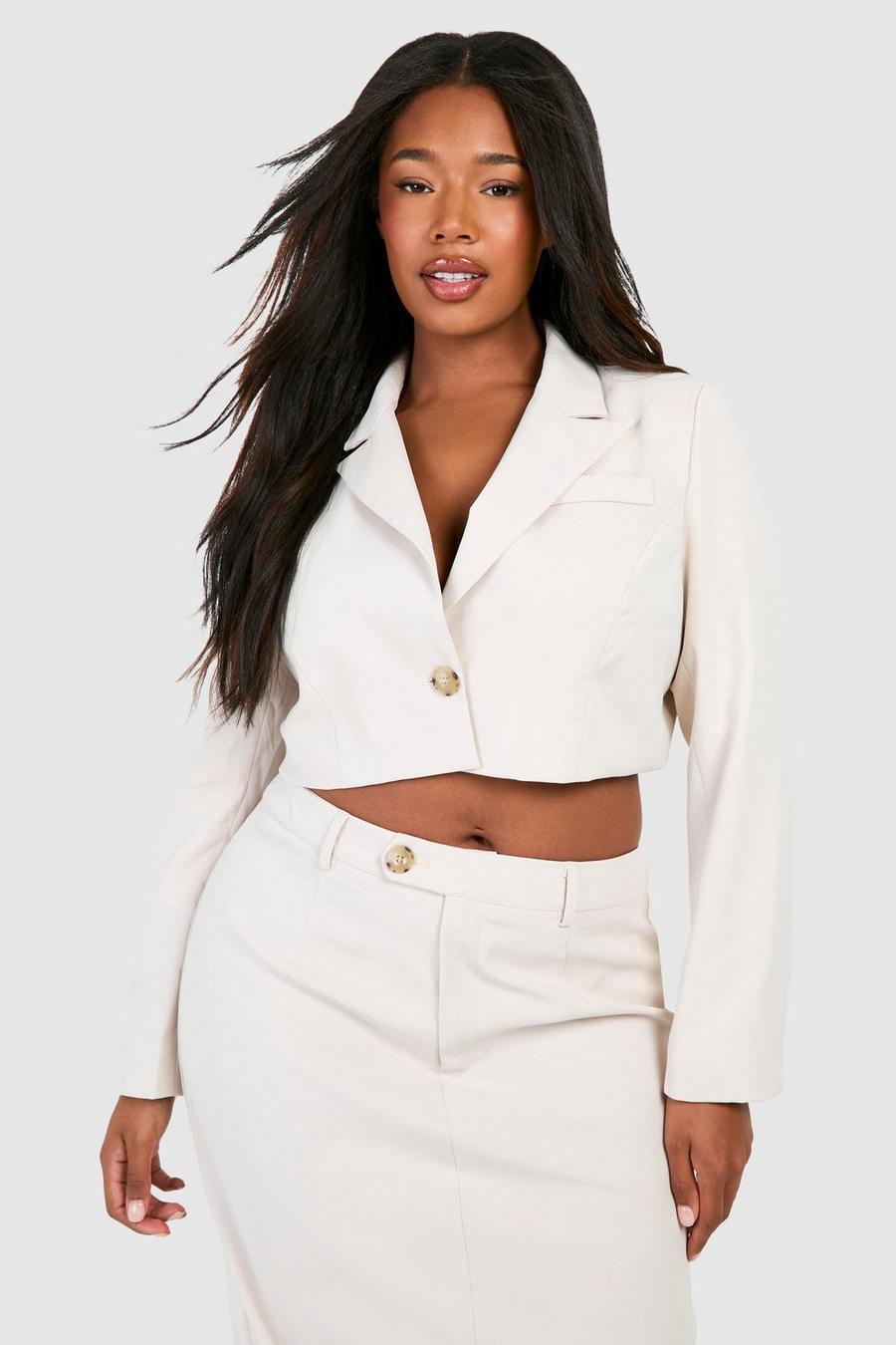 Ecru Plus Boxy Relaxed Fit Crop Blazer image number 1